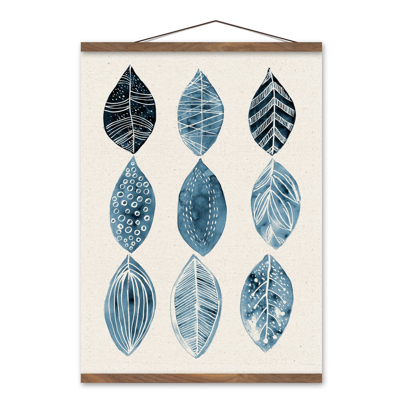 Blue Watercolor Leaves 12" x 18" Teak Hanging Canvas